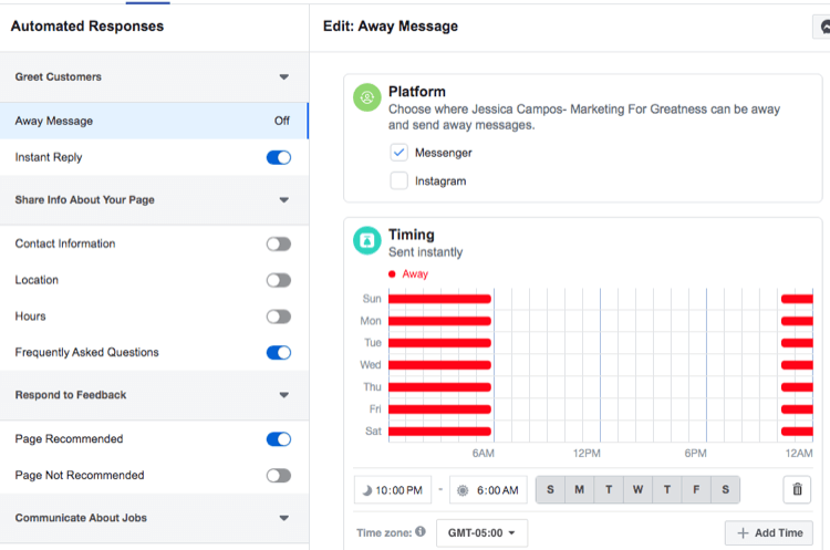 Tangkapan layar pengaturan waktu untuk respons otomatis pesan tandang Facebook Messenger