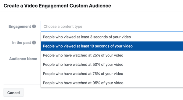 Cara mempromosikan acara langsung Anda di Facebook, langkah 9, buat kampanye keterlibatan video dari orang-orang yang menonton setidaknya 10 detik video Anda