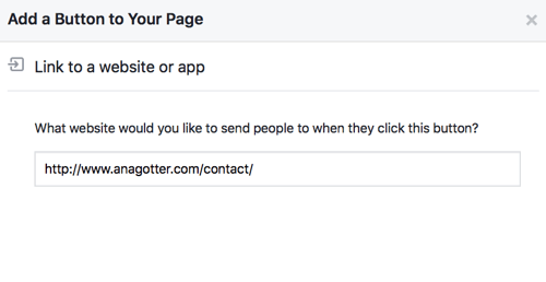 Selesaikan pengaturan tombol CTA Facebook Anda dengan tautan atau informasi kontak sehingga berfungsi penuh.