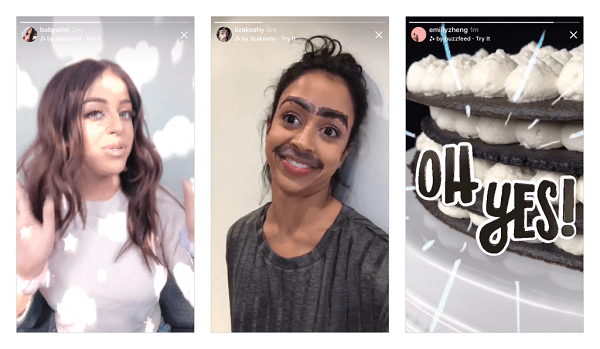 Instagram meluncurkan gelombang pertama efek kamera baru yang dirancang oleh Ariana Grande, Buzzfeed, Liza Koshy, Baby Ariel, dan NBA di kamera Instagram dan berencana untuk segera menghadirkan lebih banyak efek baru.