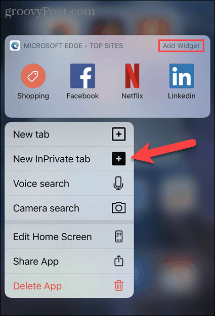 Pilih Tab InPrivate Baru dari ikon Edge di iOS