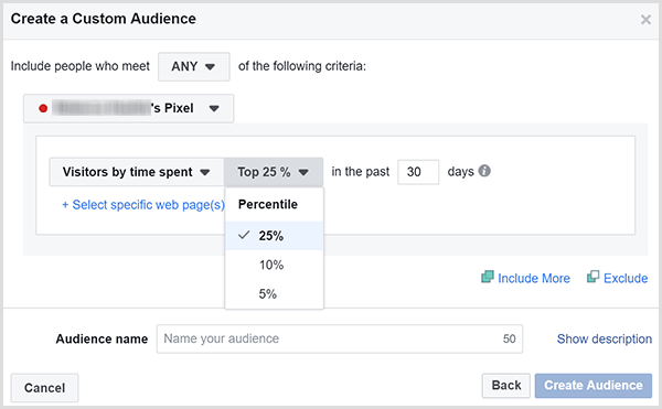 Kotak dialog Buat Audiens Kustom Facebook memiliki opsi untuk menargetkan iklan kepada pelanggan yang menghabiskan paling banyak waktu di situs web Anda.
