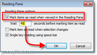 di Office Outlook 2010 opsi panel baca klik tandai item sebagai telah dibaca ketika dilihat di panel baca dan kemudian masukkan jumlah waktu yang ingin Anda tunggu sebelum menandai item sebagai sudah dibaca, ini adalah berapa lama Anda biasanya membaca surel