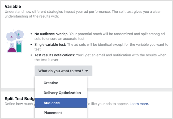 Fitur uji split Facebook