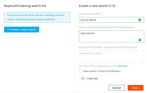 Cara menggunakan Agorapulse untuk mendengarkan media sosial, Langkah 3 detail pencarian.