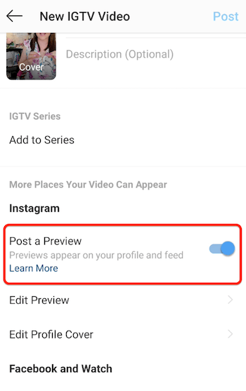 Instagram igtv opsi menu video baru dengan opsi posting pratinjau diaktifkan