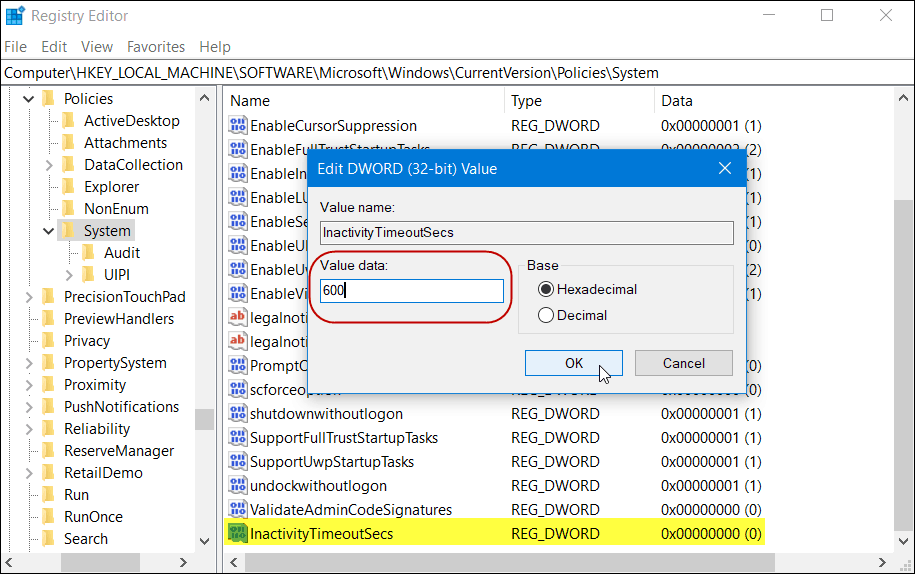 Registri InactivityTimeoutSecs Windows 10 versi Home