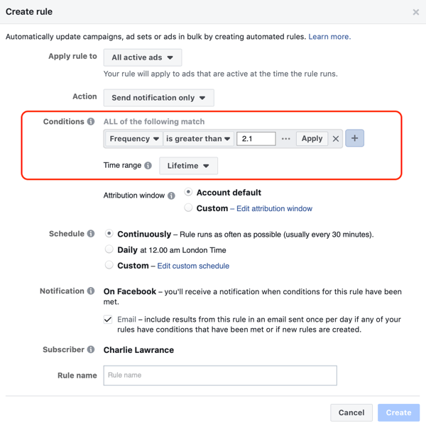 Gunakan aturan otomatis Facebook, pemberitahuan ketika frekuensi iklan di atas 2.1, langkah 2, pengaturan kondisi