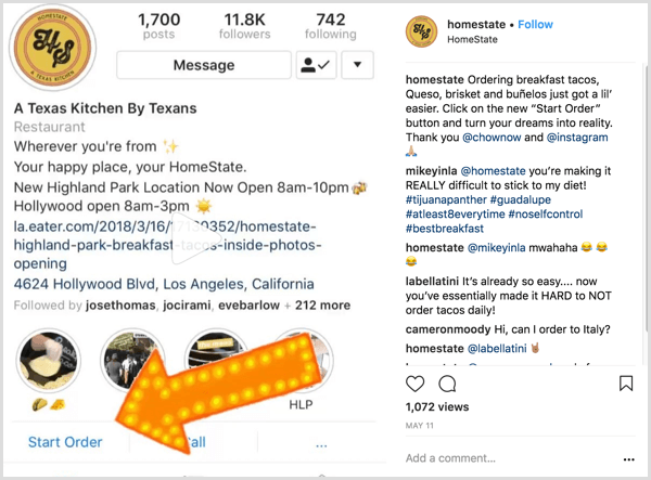 Contoh postingan bisnis Instagram yang menunjukkan kepada pengguna cara menggunakan tombol tindakan Mulai Pesanan