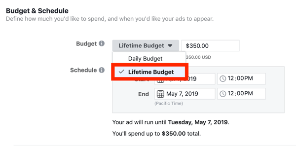 Kiat untuk menurunkan biaya Iklan Facebook Anda, opsi untuk mengatur anggaran kampanye ke anggaran seumur hidup