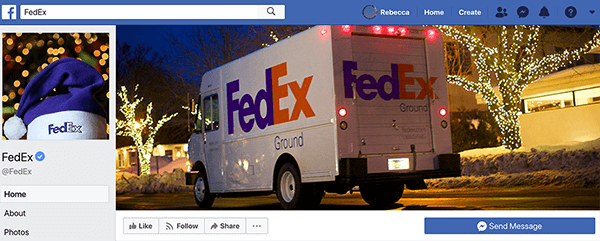 Ini adalah tangkapan layar dari halaman Facebook FedEx. Untuk liburan, gambar profilnya adalah topi Santa ungu dengan cetakan FedEx di pita putih. Foto sampul depan adalah truk FedEx yang melewati rumah-rumah yang dihiasi lampu.