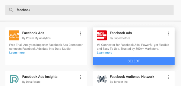 Gunakan Google Data Studio untuk menganalisis iklan Facebook Anda, langkah 4, opsi untuk menggunakan konektor Iklan Facebook dari Supermetrics sebagai sumber data Anda