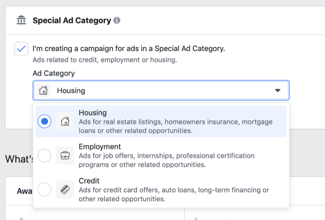 Opsi Kategori Iklan Khusus Facebook di menu tarik-turun Kategori Iklan