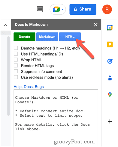 Konversikan ke HTML menggunakan Docs to Markdown di Google Docs