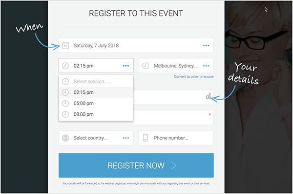 Andrew Hubbard menggunakan webinar yang selalu menarik sehingga prospek dapat memilih waktu pendaftaran yang sesuai. Formulir pendaftaran ini memungkinkan orang memilih dari jam 11:45, 2 siang, atau 5 sore.