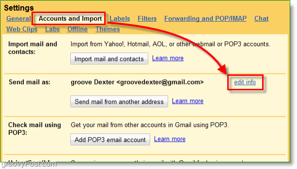klik akun email google Anda dan tombol impor dan kemudian edit info