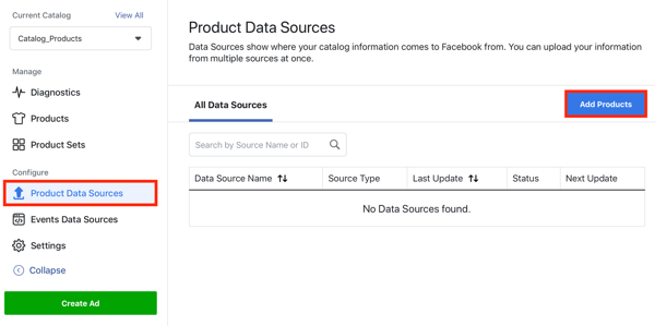 Gunakan Alat Pengaturan Acara Facebook, langkah 22, opsi menu untuk menambahkan produk melalui tab sumber data produk di Facebook