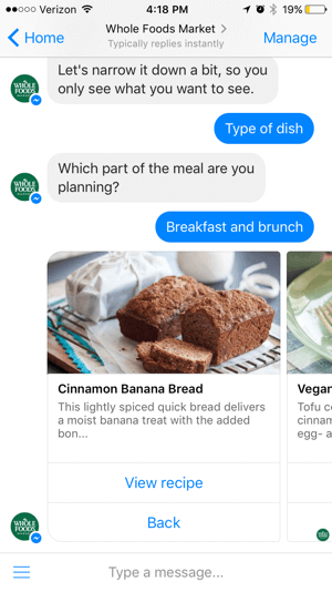 Chatbot Whole Foods menawarkan nilai melalui konten daripada menjual langsung kepada pengguna.