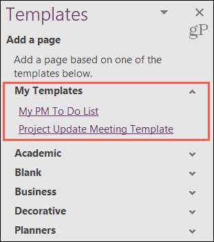 Template Saya di OneNote