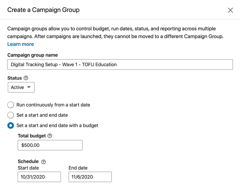 linkedin buat opsi menu grup kampanye dengan nama, status, tanggal mulai dan / atau akhir, total anggaran, dan jadwal yang berlaku
