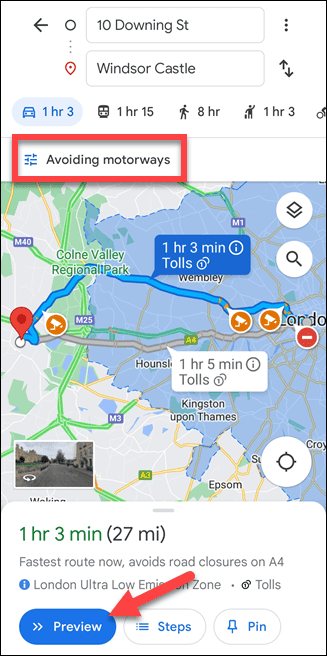 Rute seluler Google Maps tanpa jalan raya