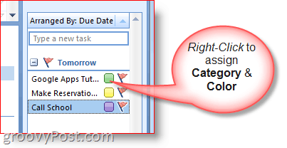 Bilah Agenda Outlook 2007 - Tugas Klik Kanan untuk Memilih Warna dan Kategori