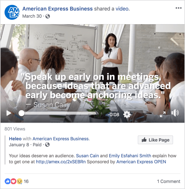 Iklan Facebook untuk American Express Business ini menampilkan Susan Cain, pakar kepemimpinan dan manajemen terkenal yang mencapai ketenaran dengan TED Talk baru-baru ini.