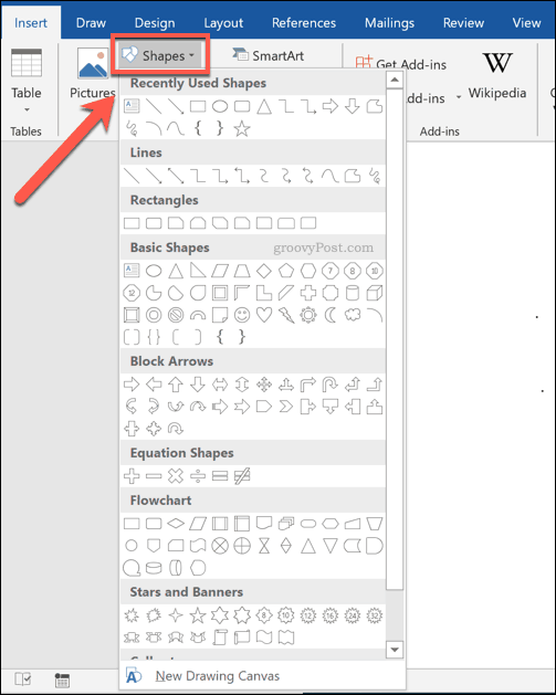 Tombol dan menu Bentuk di Word