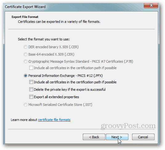 Ekspor Sertifikat Windows - Terima Default