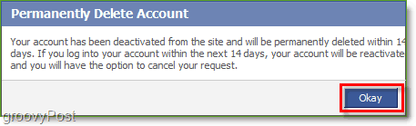 Anda harus menunggu 14 hari setelah mengonfirmasi penghapusan akun Facebook Anda