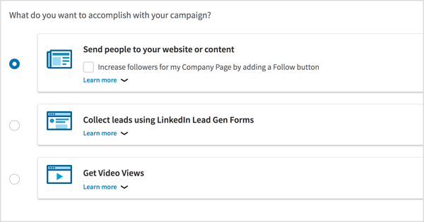 Pilih tujuan kampanye untuk kampanye iklan video LinkedIn Anda.