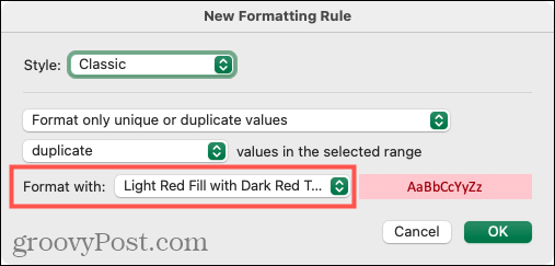Pilih Pemformatan untuk Duplikat di Excel di Mac