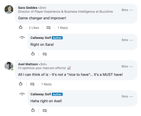 Komentar anggota LinkedIn untuk kiriman Callaway Golf