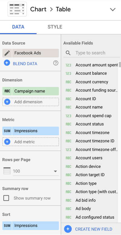 Gunakan Google Data Studio untuk menganalisis iklan Facebook Anda, langkah 10, pengaturan menu untuk menyesuaikan data grafik Anda