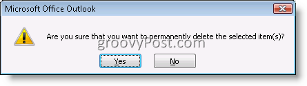 Kotak Konfirmasi Outlook untuk menghapus item email secara permanen 