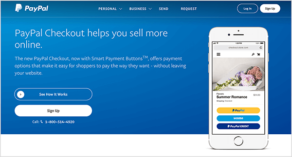 Ini adalah tangkapan layar dari halaman web layanan PayPal Checkout. Ini memiliki latar belakang biru dan teks putih. Judulnya bertuliskan "PayPal Checkout membantu Anda menjual lebih banyak secara online". Dua tombol muncul di bawah judul: tombol biru berlabel See How It Bekerja dan yang putih berlabel Daftar. Di sebelah kanan adalah gambar smartphone dengan fitur PayPal Checkout di ponsel situs web.