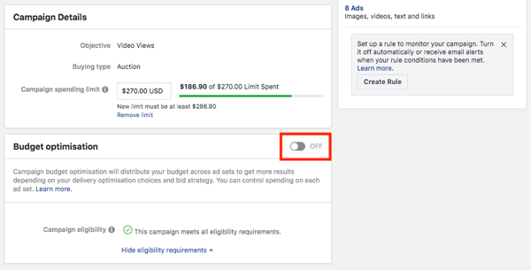 Opsi pengoptimalan anggaran kampanye Facebook.