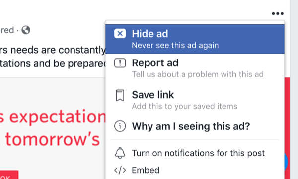 pilihan untuk menyembunyikan iklan Facebook di feed