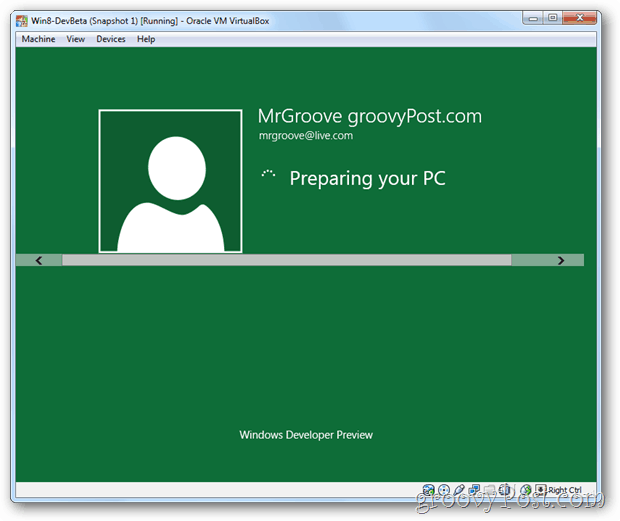 Pengaturan VirtualBox Windows 8 mempersiapkan desktop