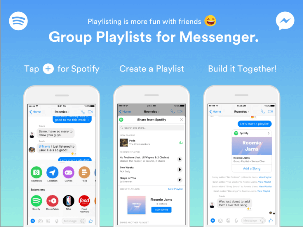 Spotify memperluas fungsionalitas dalam bot Messenger-nya untuk memungkinkan grup membuat daftar putar langsung dari dalam aplikasi Messenger.