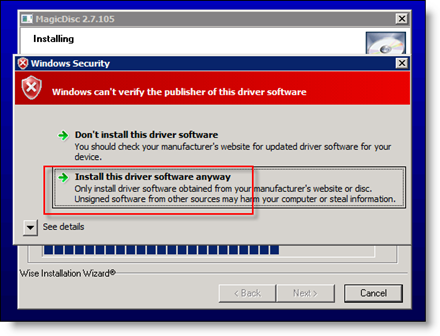 Terima Penginstalan Driver MagicISO di Server 2008