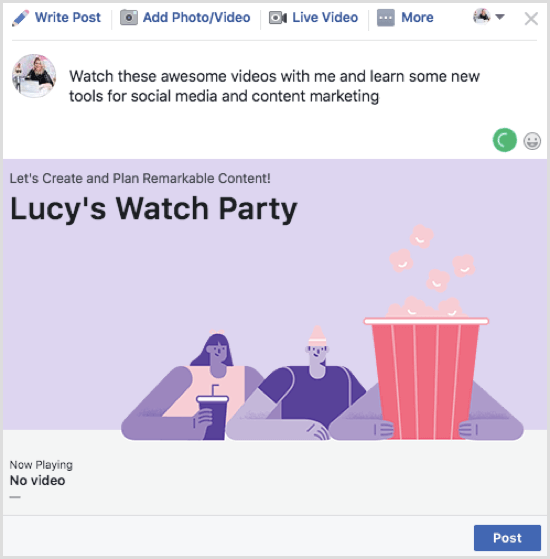 Klik Posting untuk mempublikasikan posting Facebook Watch Party Anda.