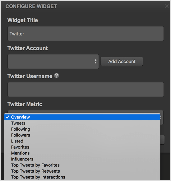Cyfe mengkonfigurasi widget Twitter