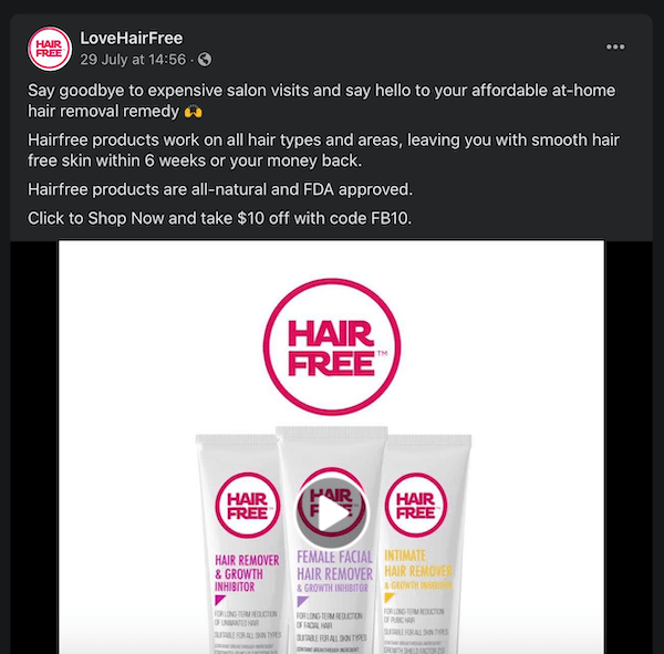 posting facebook oleh lovehairfree mencatat produk penghilang rambut mereka dengan membandingkannya dengan kunjungan salon yang mahal