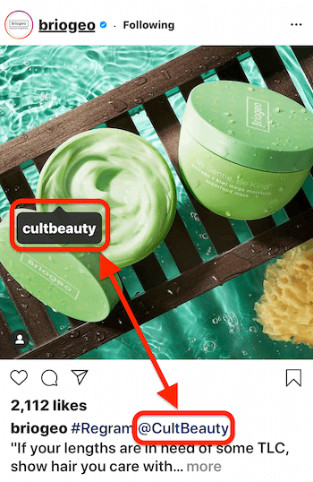kiriman instagram oleh @briogeo menunjukkan tag pos dan keterangan @sebutan untuk @cultbeauty, produk siapa yang muncul di gambar