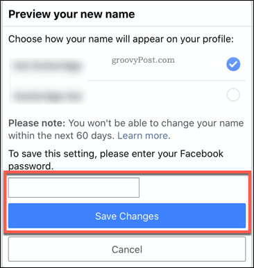 Mengonfirmasi perubahan nama Facebook di aplikasi seluler
