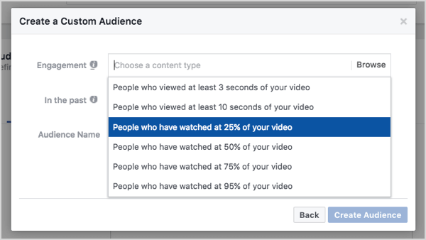 Audiens kustom Facebook berdasarkan 25% tampilan video.