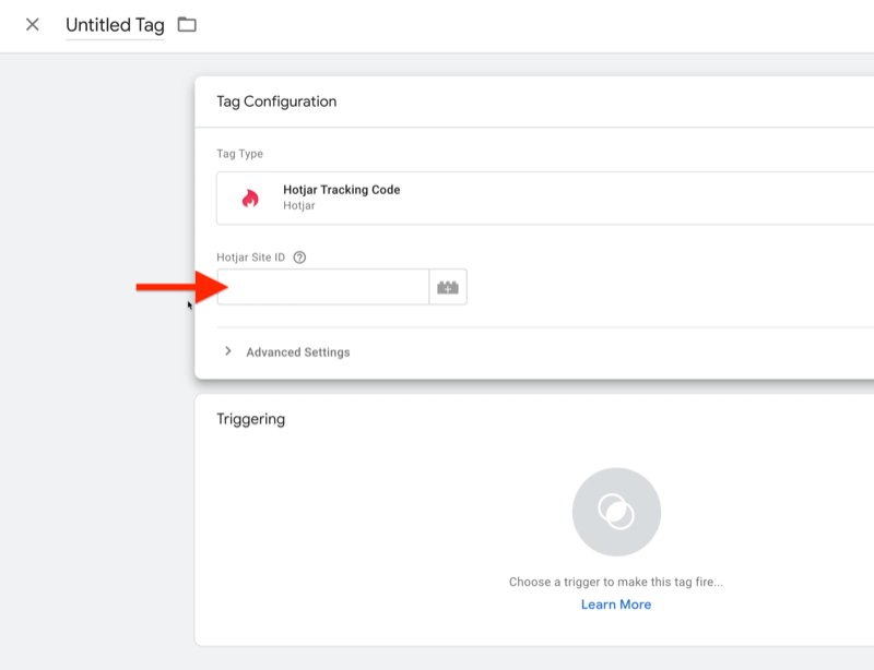 tag pengelola tag google baru dengan bidang id situs hotjar baru disorot, karena jenis tag yang dipilih dari kode pelacakan hotjar dipilih