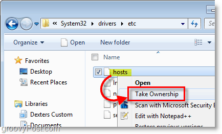 Tangkapan layar Windows 7 - gunakan menu konteks klik kanan untuk mengambil kepemilikan file apa pun di windows 7