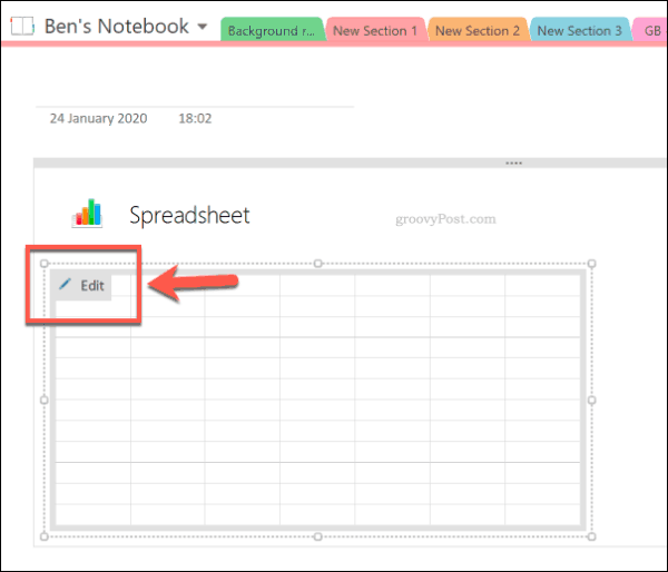Edit spreadsheet Excel baru di OneNote